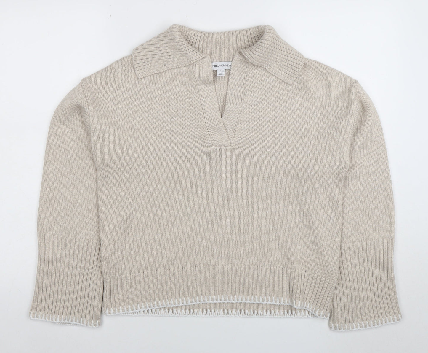 Forever New Women Beige Collared Knit Henley Jumper Size S