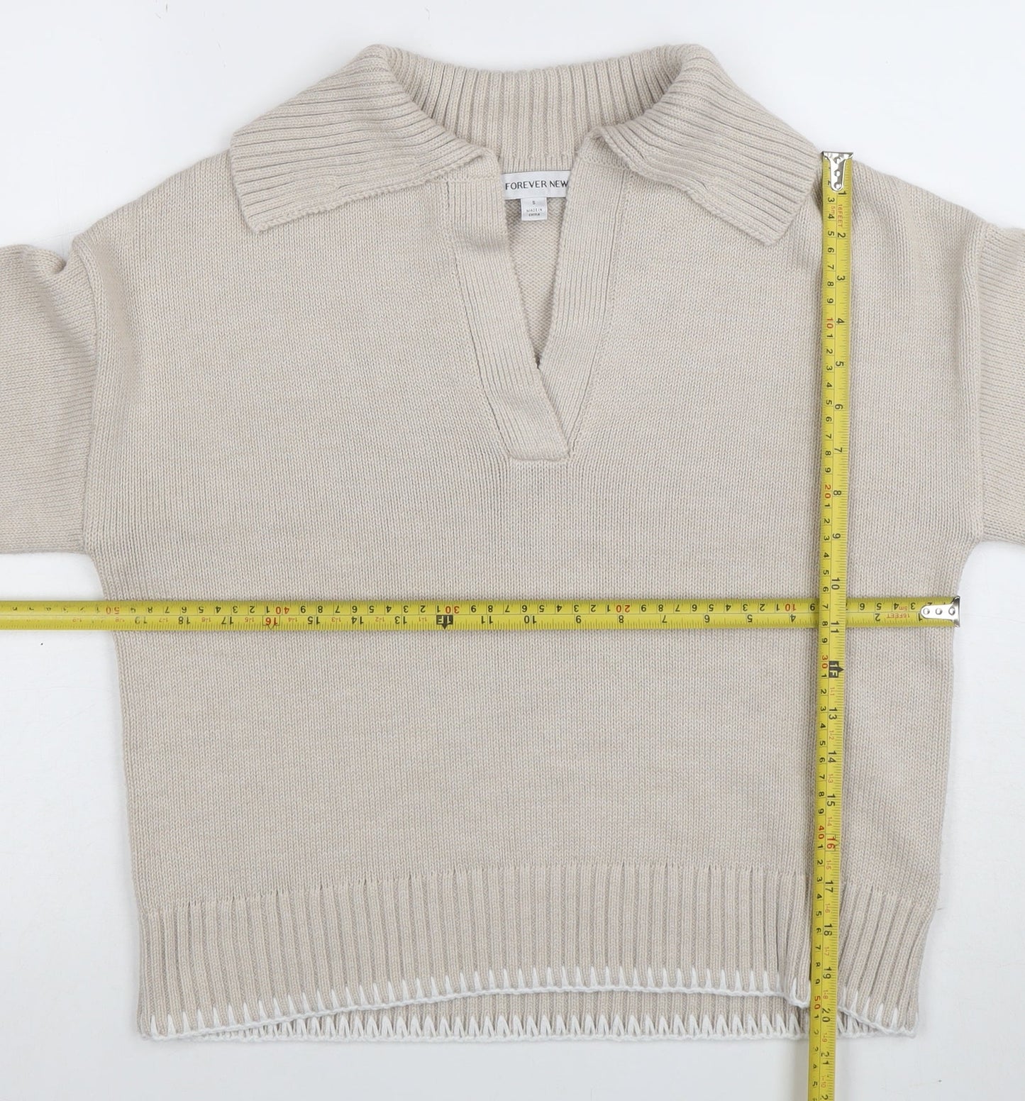 Forever New Women Beige Collared Knit Henley Jumper Size S