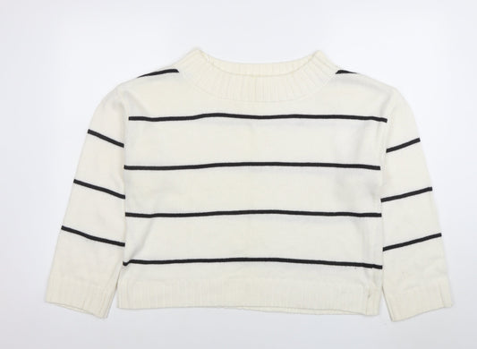 H&M Women’s White Striped Wool Blend Crew Neck Pullover Jumper Size M