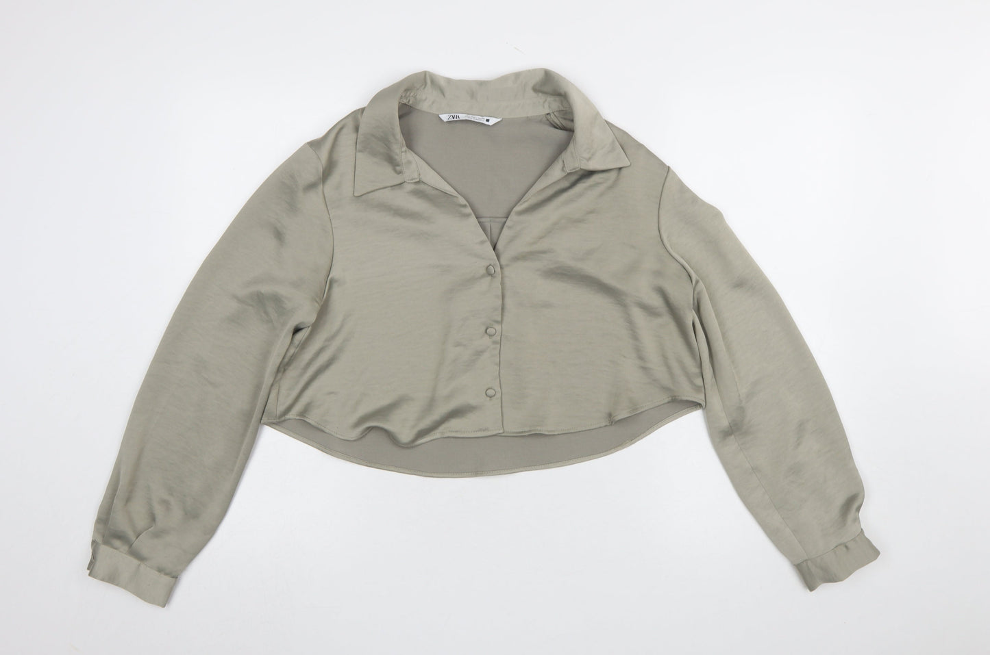 Zara Women Khaki Cropped Button-Up Blouse Long Sleeve UK 14 Polyester