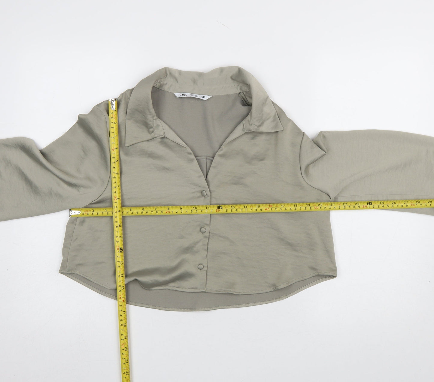 Zara Women Khaki Cropped Button-Up Blouse Long Sleeve UK 14 Polyester