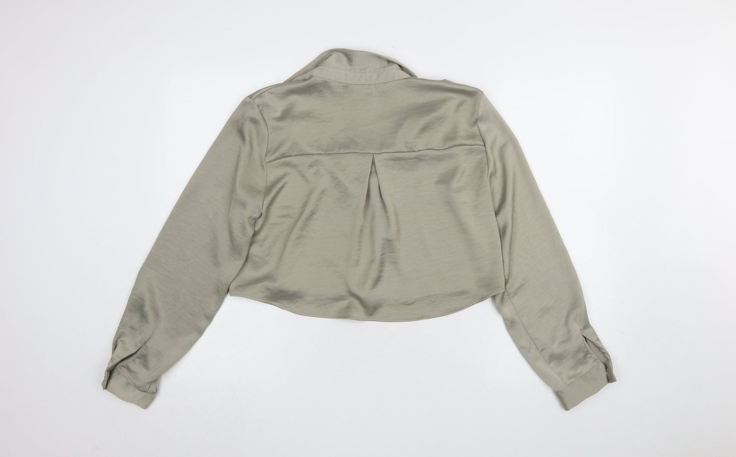 Zara Women Khaki Cropped Button-Up Blouse Long Sleeve UK 14 Polyester