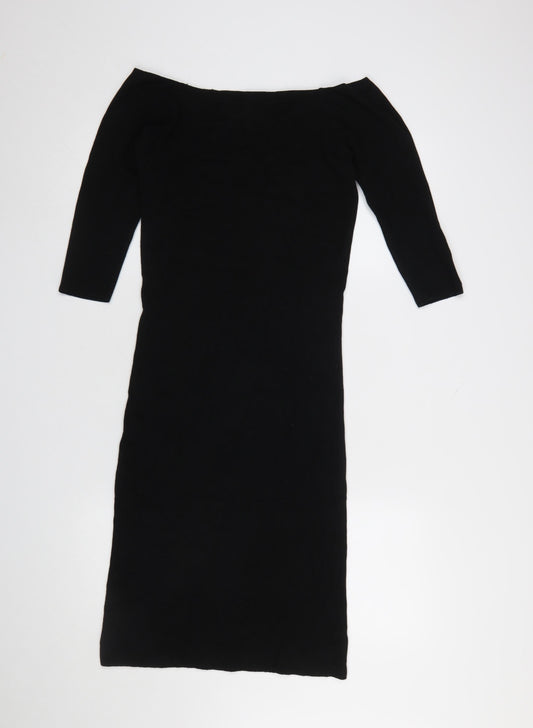 ZARA Women Black Size 14 Bodycon Knit Off Shoulder Dress
