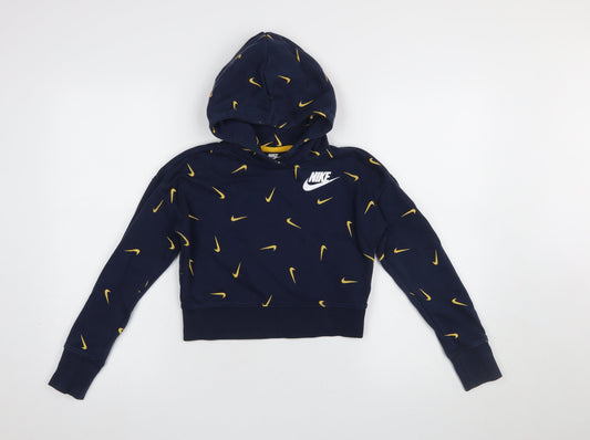 Nike Girls Blue Graphic Hooded Pullover Hoodie Size 146 Cotton Blend