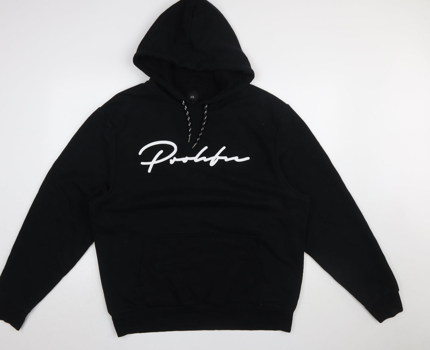 River Island Men’s Black Pullover Hoodie L Graphic Logo Cotton Blend
