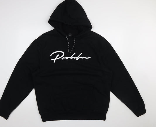 River Island Men’s Black Pullover Hoodie L Graphic Logo Cotton Blend