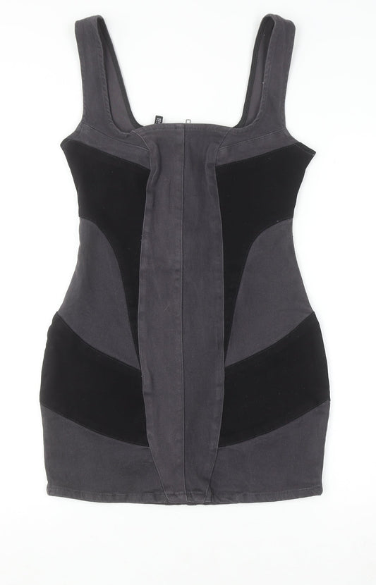 PrettyLittleThing Women’s Grey Bodycon Dress UK 8 Sleeveless Zip Stretch Short