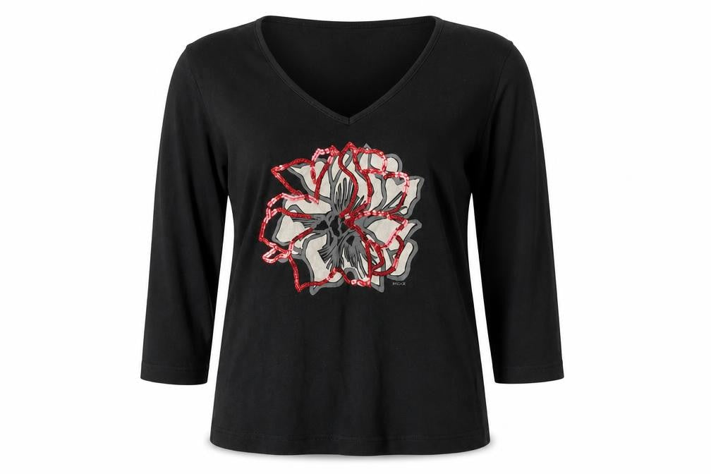 Mexx Womens Black V-Neck Sequin Floral Cotton Top M 3/4 Sleeve