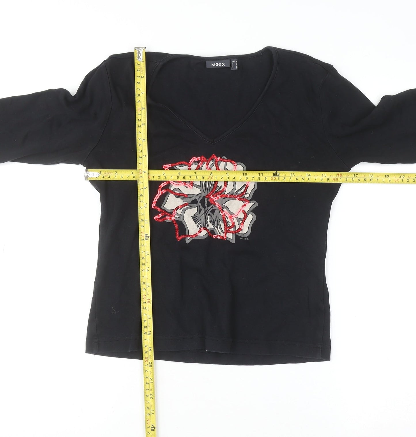 Mexx Womens Black V-Neck Sequin Floral Cotton Top M 3/4 Sleeve