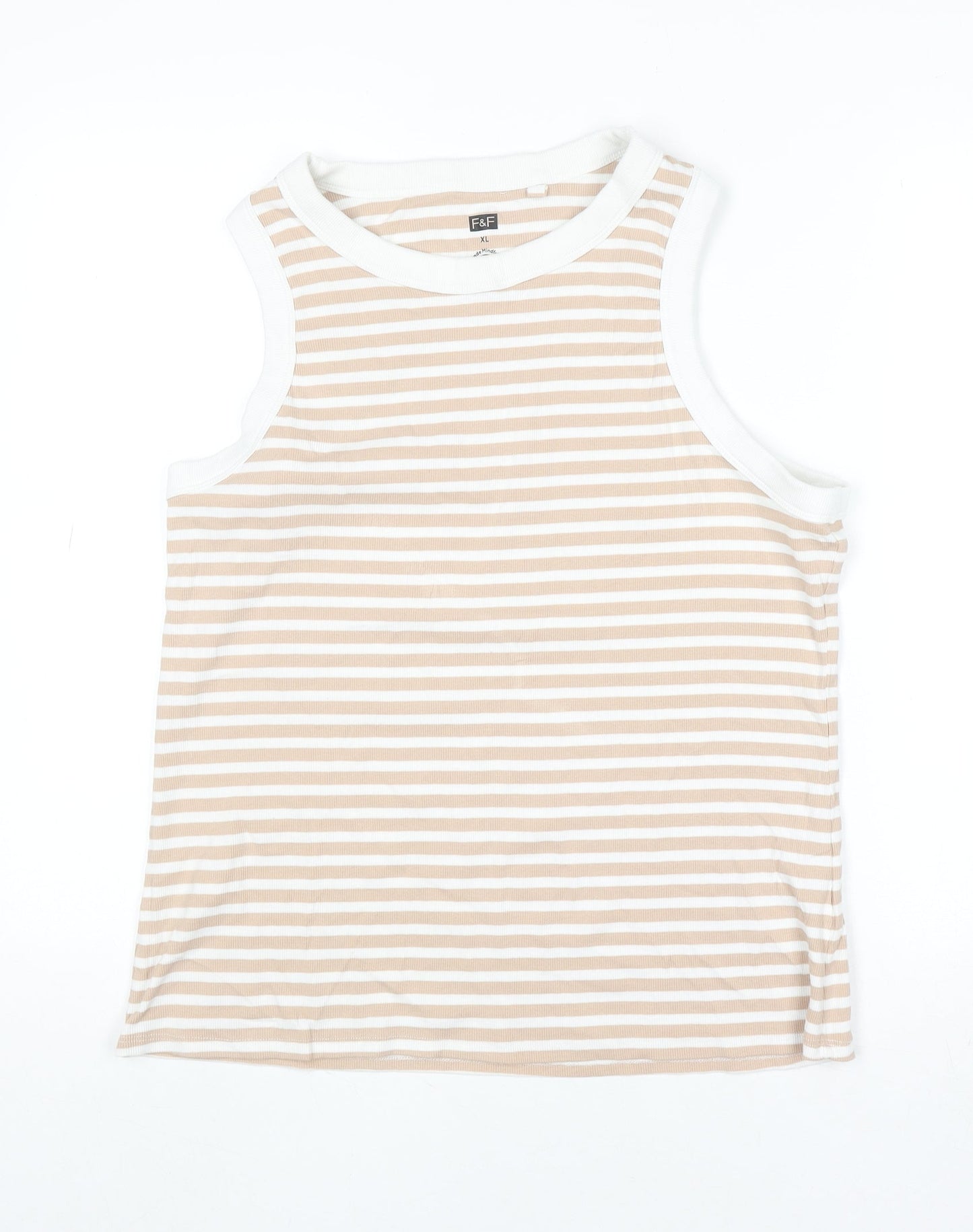 F&F Women Beige White Striped Sleeveless Tank Top XL Cotton Blend
