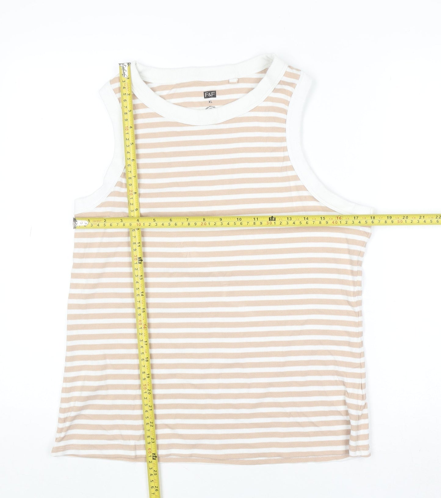 F&F Women Beige White Striped Sleeveless Tank Top XL Cotton Blend