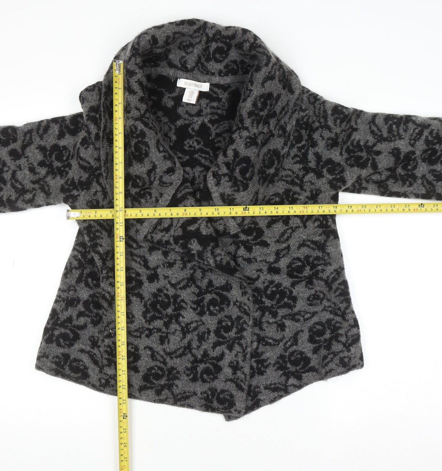 Ellen Tracy Women's Grey Floral Knit Open Cardigan Size M