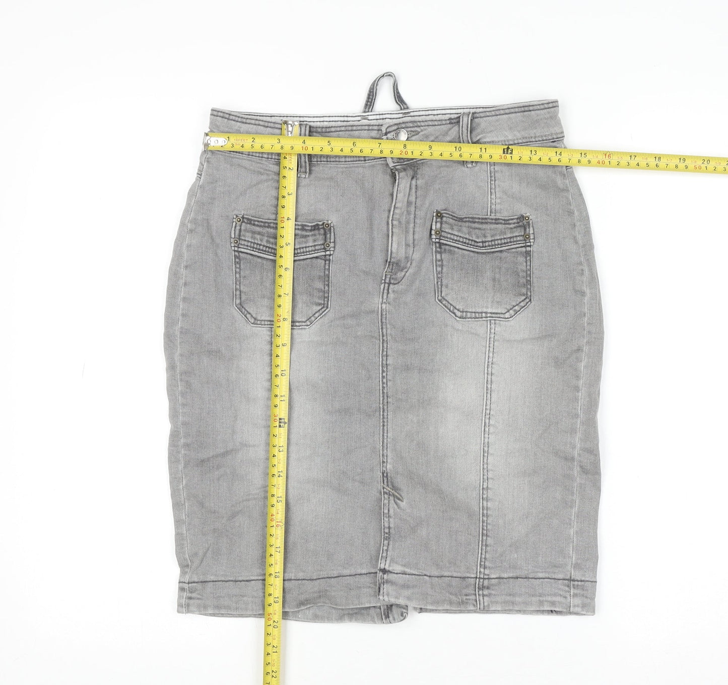Mango Jeans Women Grey Denim Straight Skirt Size 8 Cotton Blend