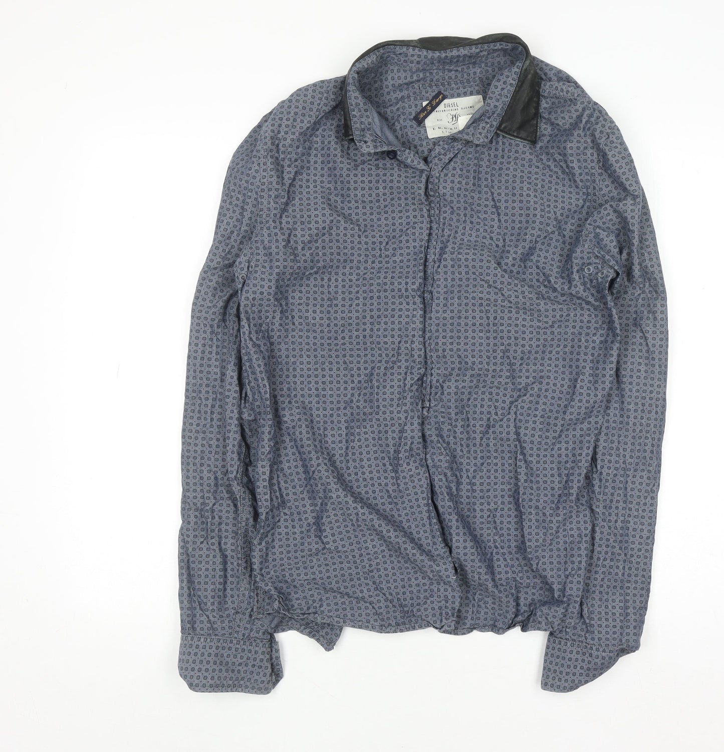 Diesel Men's Blue Geometric Cotton Long Sleeve Button-Up Shirt XL