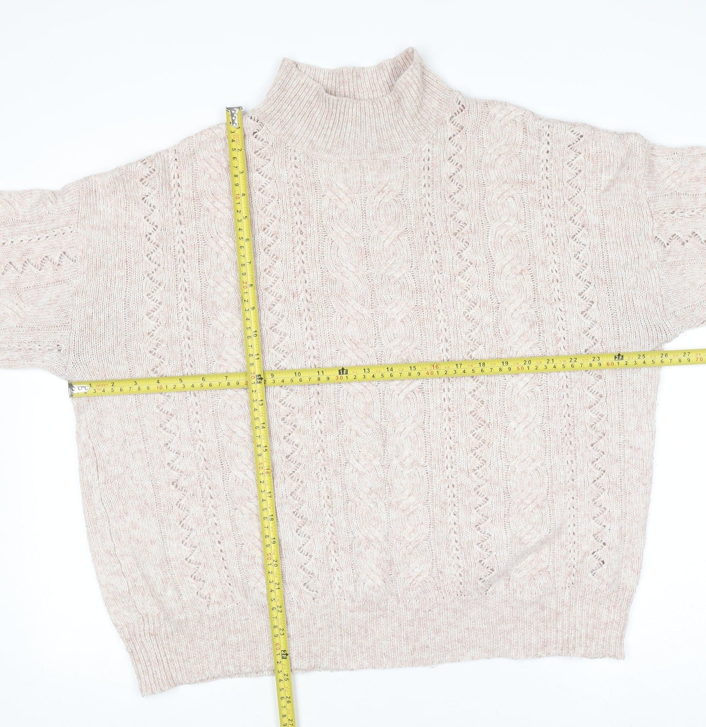 F&F Women Beige Roll Neck Cable-Knit Jumper UK 10 Regular Fit