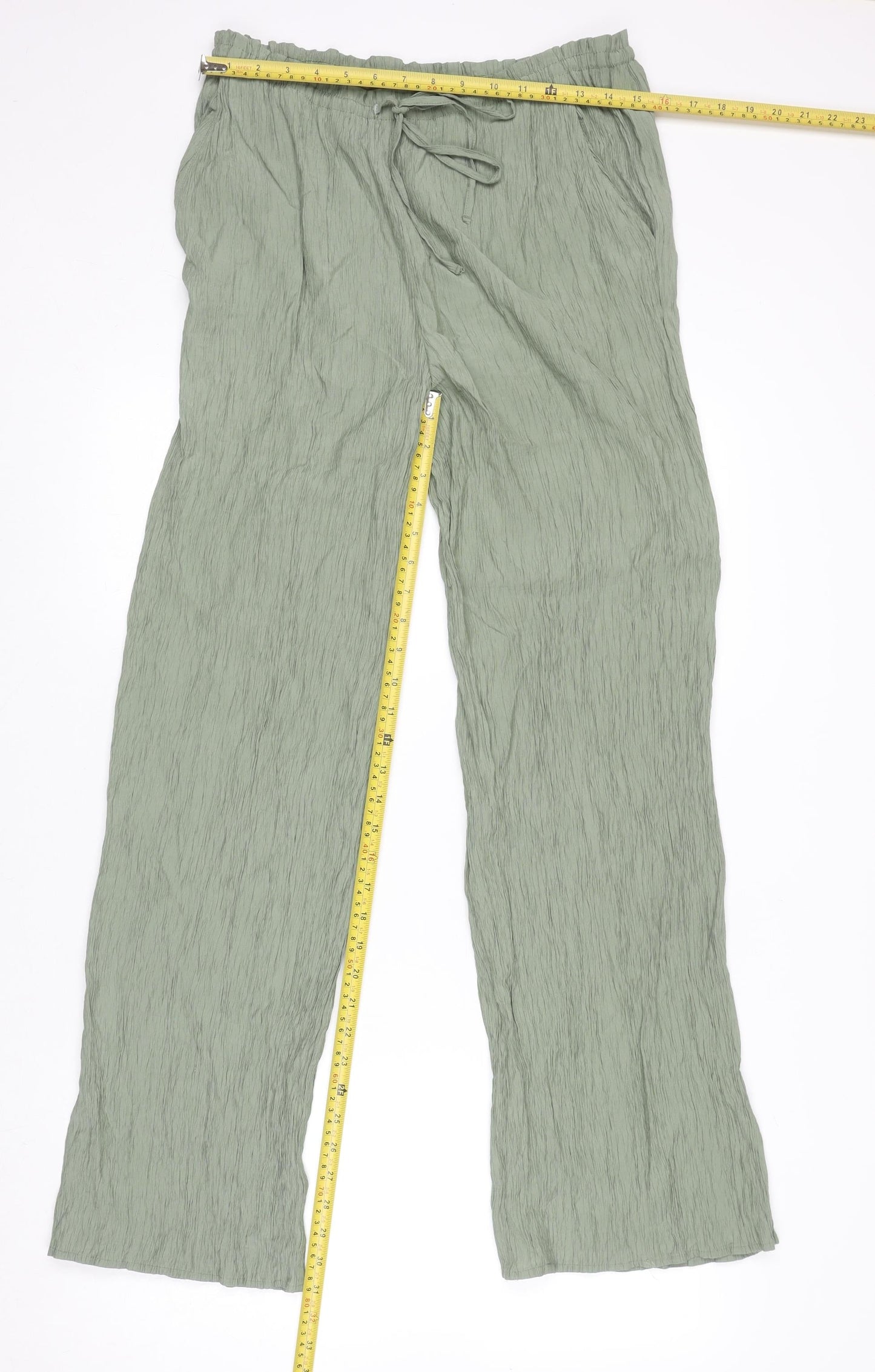 ZARA Womens Green Relaxed Crepe Trousers Size 10 Drawstring Waist