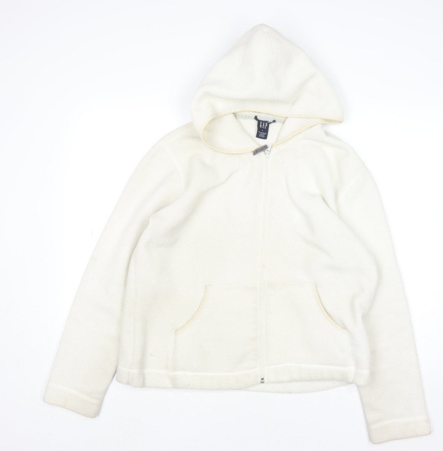GAP Women Ivory Full Zip Fleece Hoodie Size L Polyester Blend