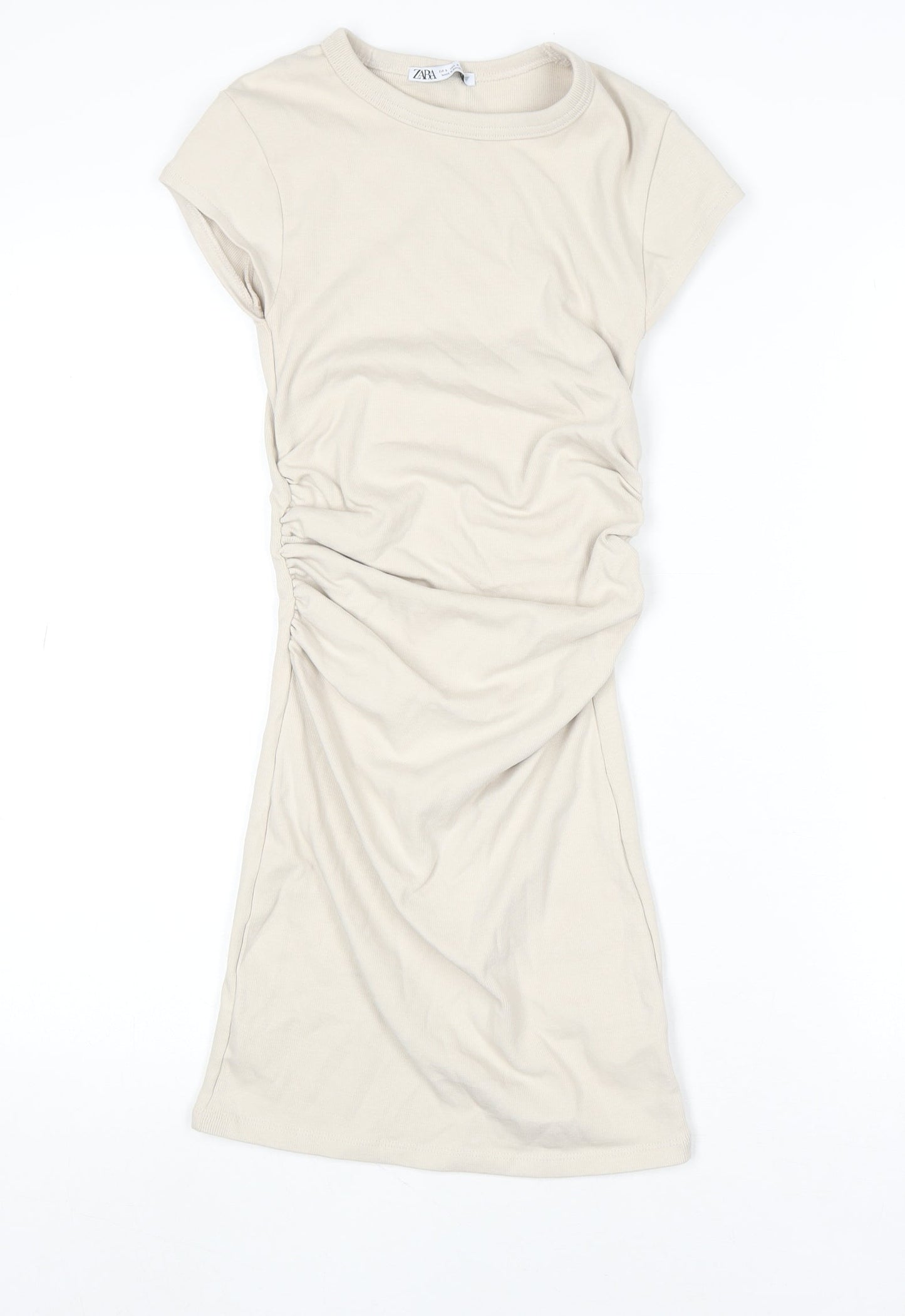 Zara Women Beige Short Sleeve Ruched T-Shirt Dress Size S