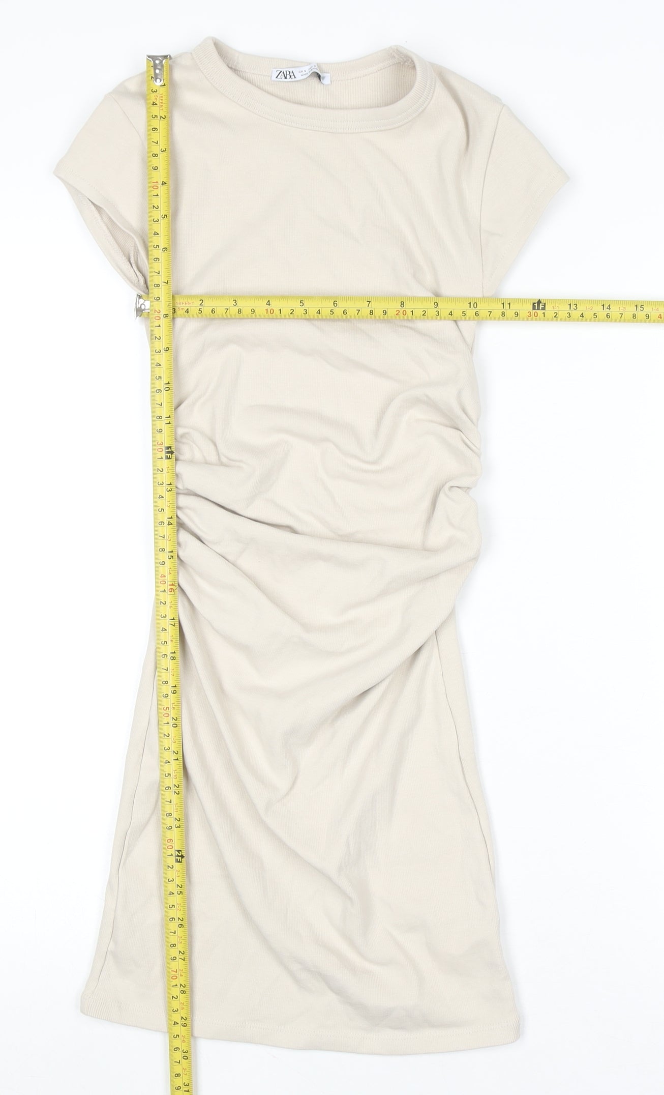 Zara Women Beige Short Sleeve Ruched T-Shirt Dress Size S