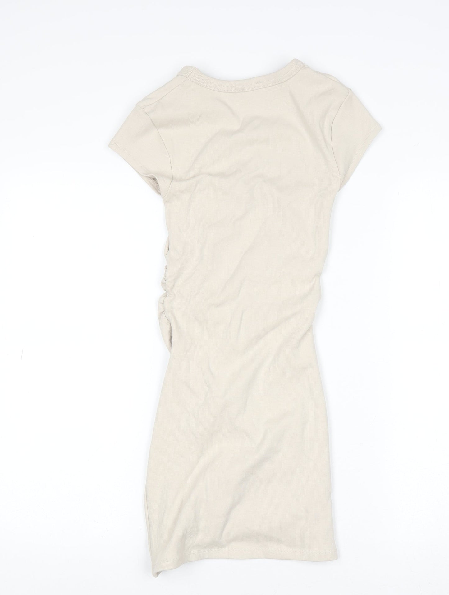 Zara Women Beige Short Sleeve Ruched T-Shirt Dress Size S