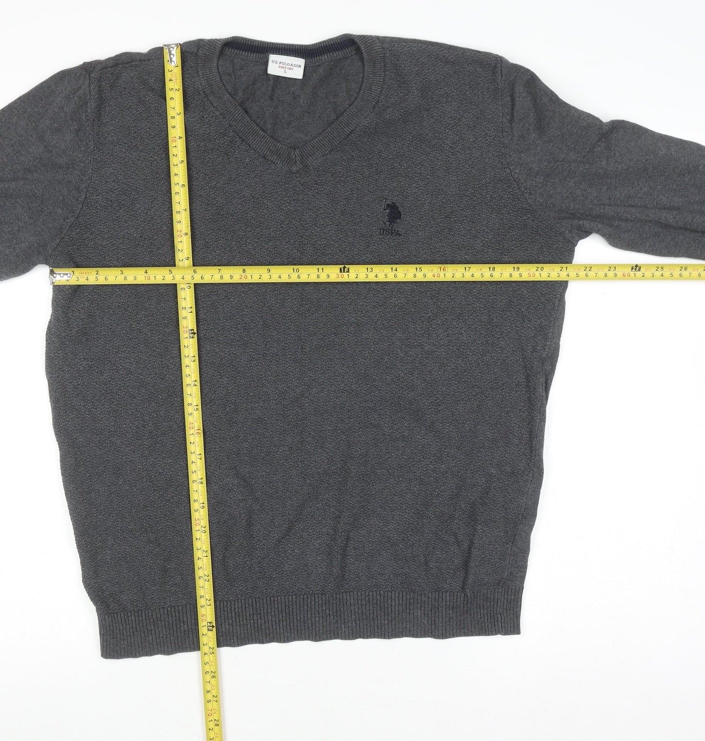 U.S. Polo Assn. Men's Grey V-Neck Cotton Pullover Jumper L