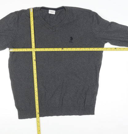 U.S. Polo Assn. Men's Grey V-Neck Cotton Pullover Jumper L