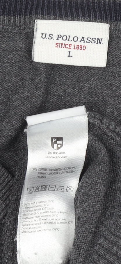 U.S. Polo Assn. Men's Grey V-Neck Cotton Pullover Jumper L