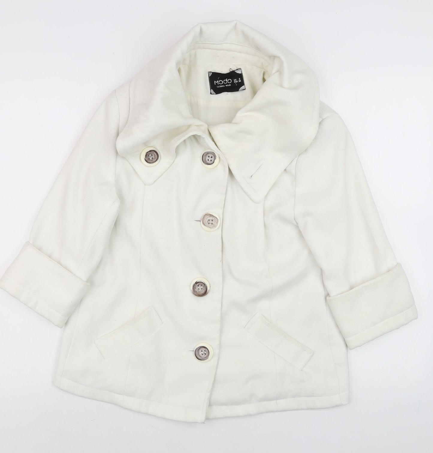 Modo Women Ivory Short Pea Coat Size 6 Classic Button Wool Blend