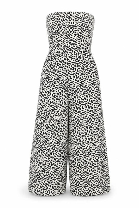 Bella Mae Women's Black & White Animal Print Strapless Jumpsuit Size S Polyester