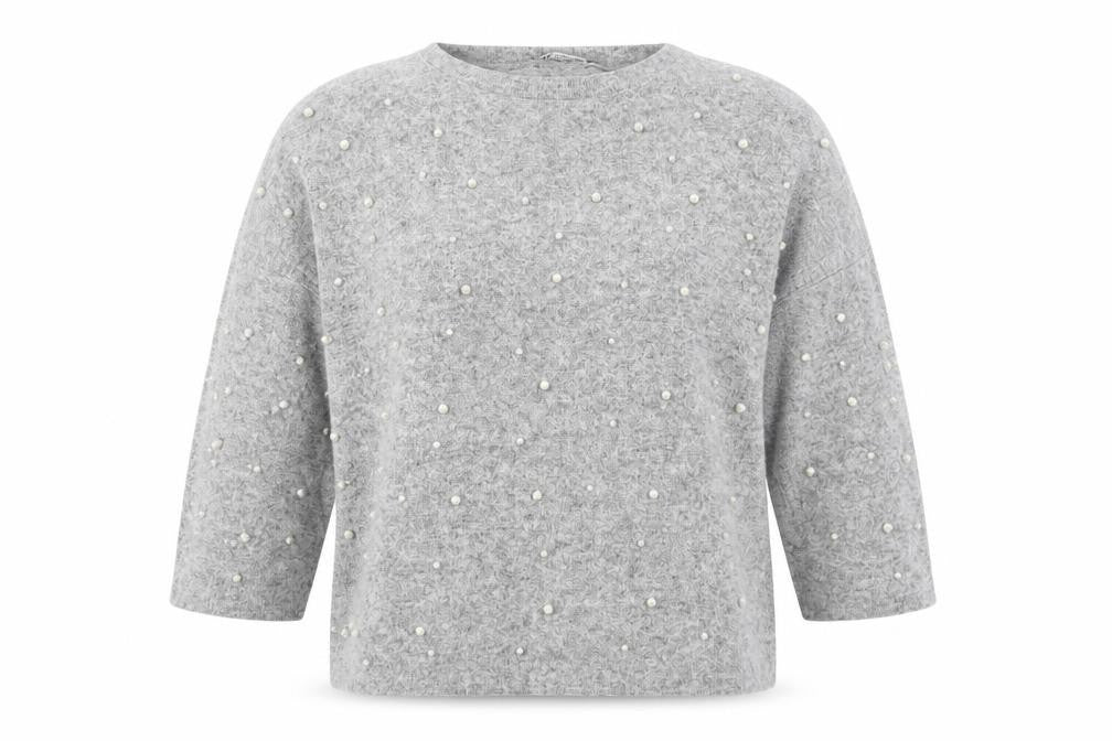 Zara Women Grey Beaded Knit Jumper Size S 3/4 Sleeve Classic Pullover