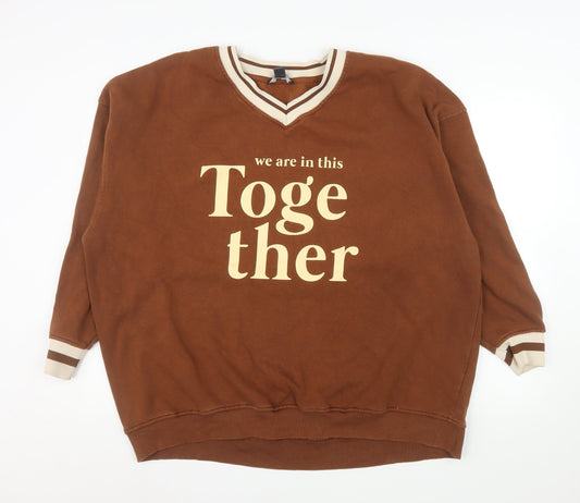 Primark Womens Brown V-Neck Pullover Sweatshirt XL Together Print