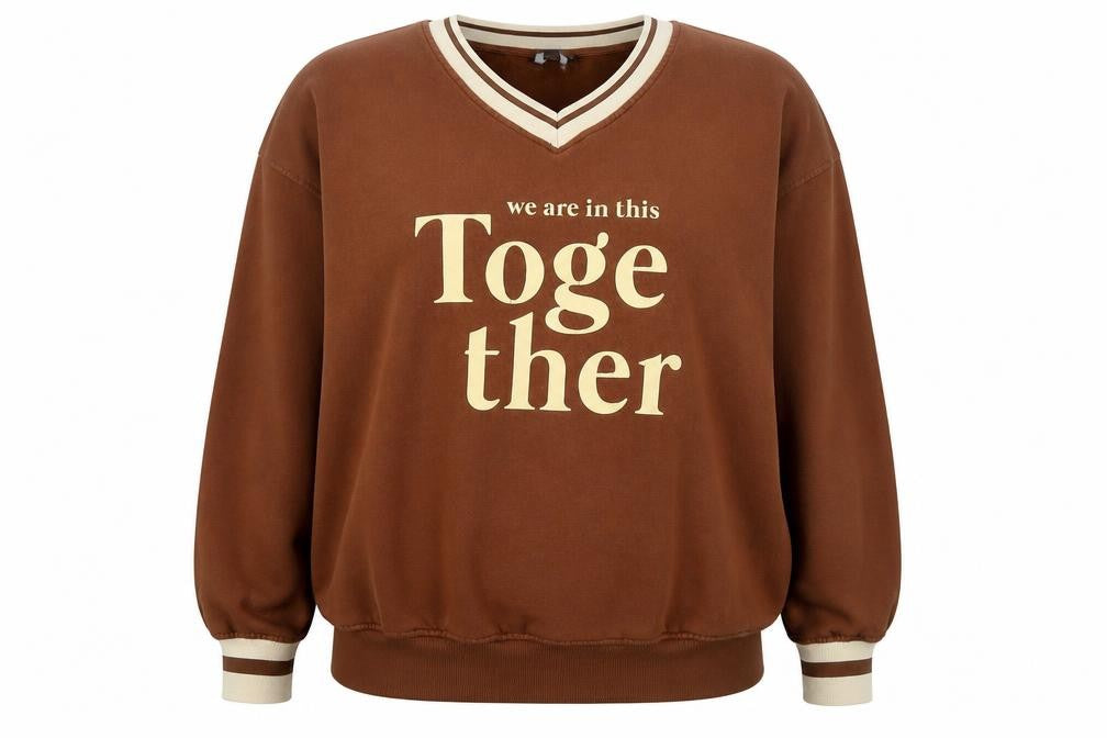 Primark Womens Brown V-Neck Pullover Sweatshirt XL Together Print