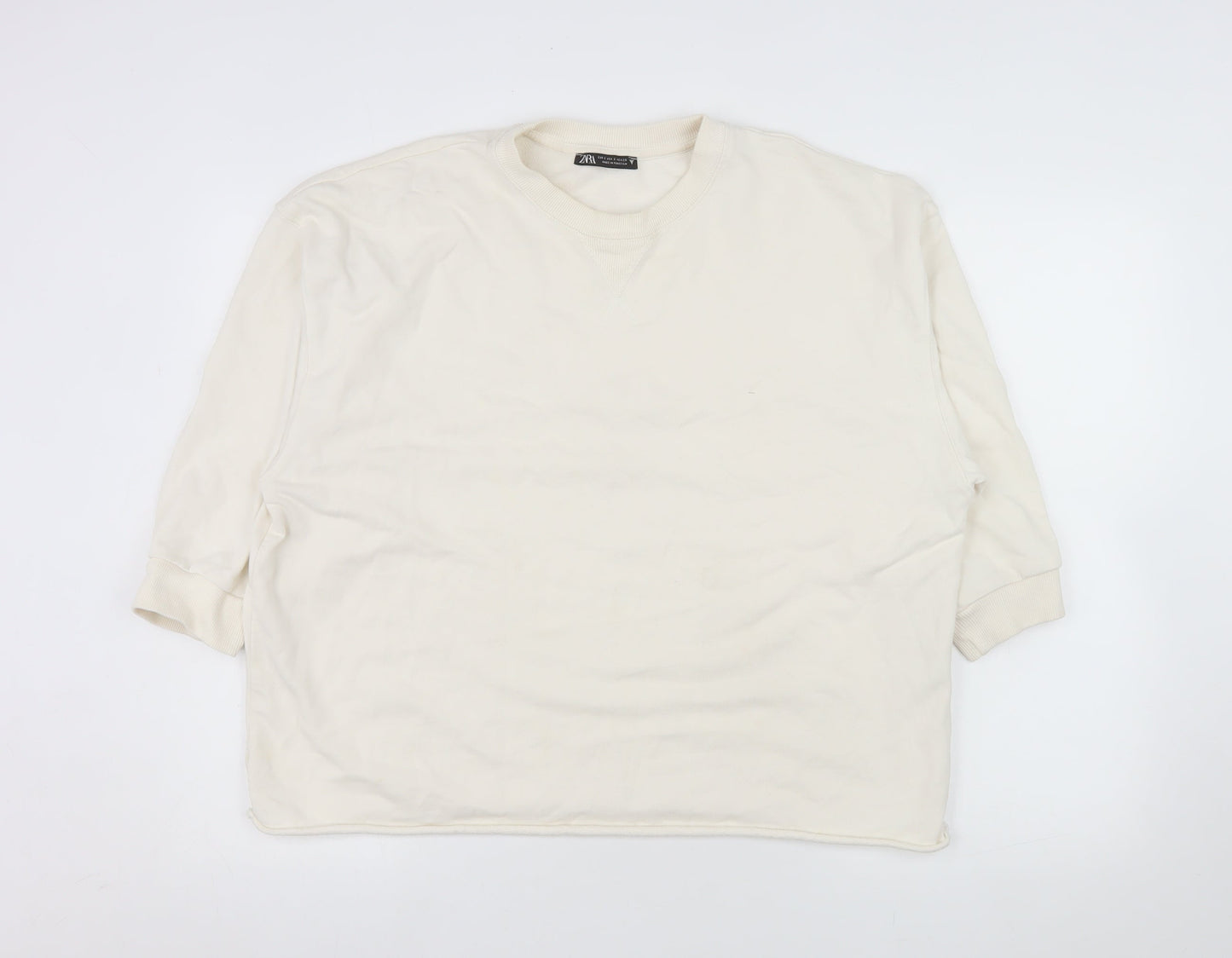 ZARA Women Ivory Cotton Crew Neck Pullover Sweatshirt Size S