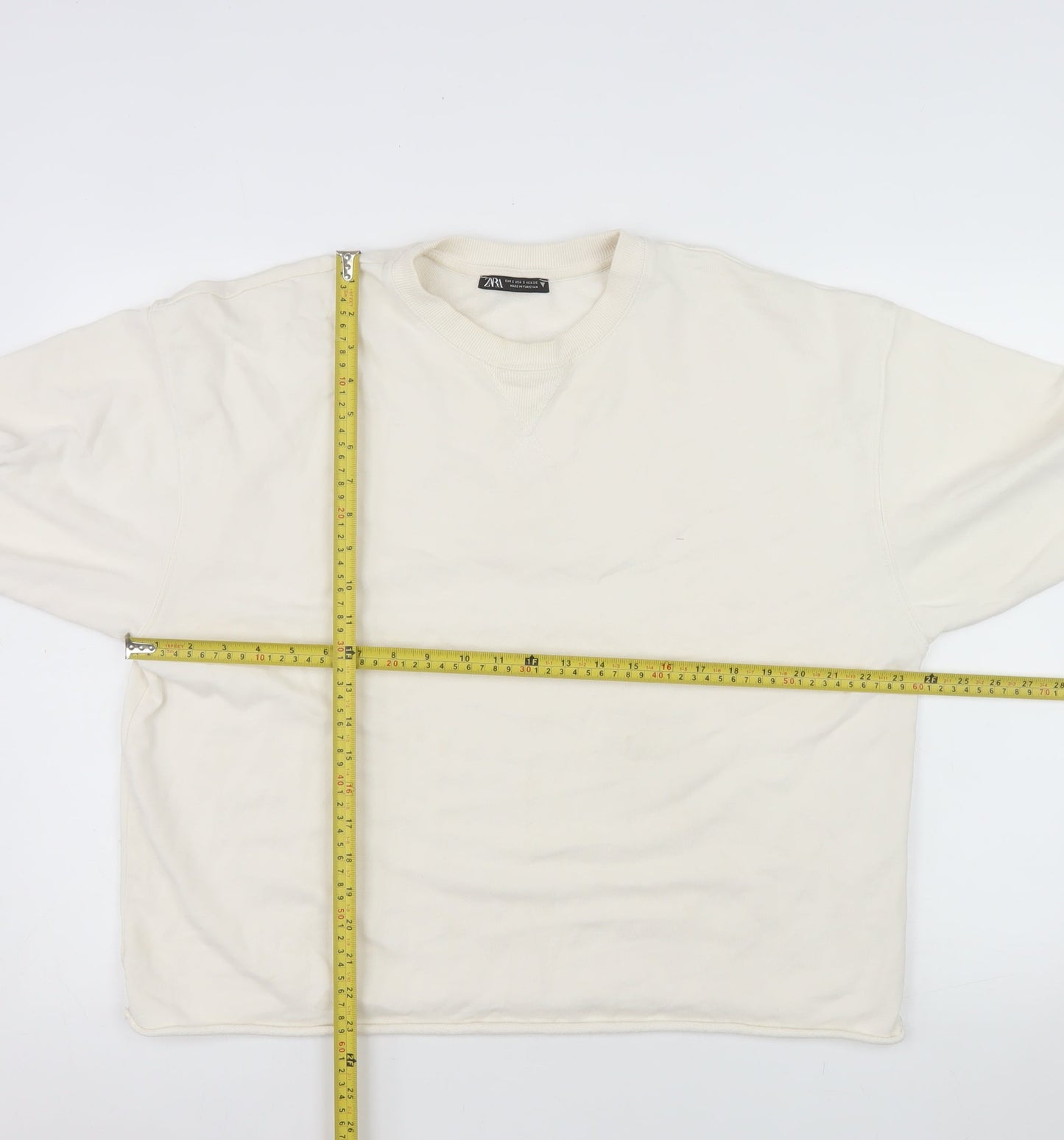 ZARA Women Ivory Cotton Crew Neck Pullover Sweatshirt Size S