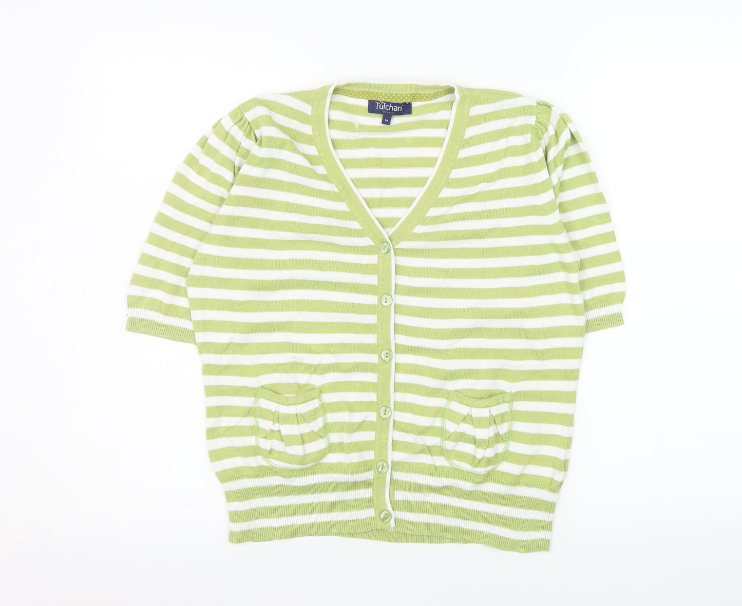 Tulchan Women’s Green White Striped Cotton V-Neck Short Sleeve Cardigan M