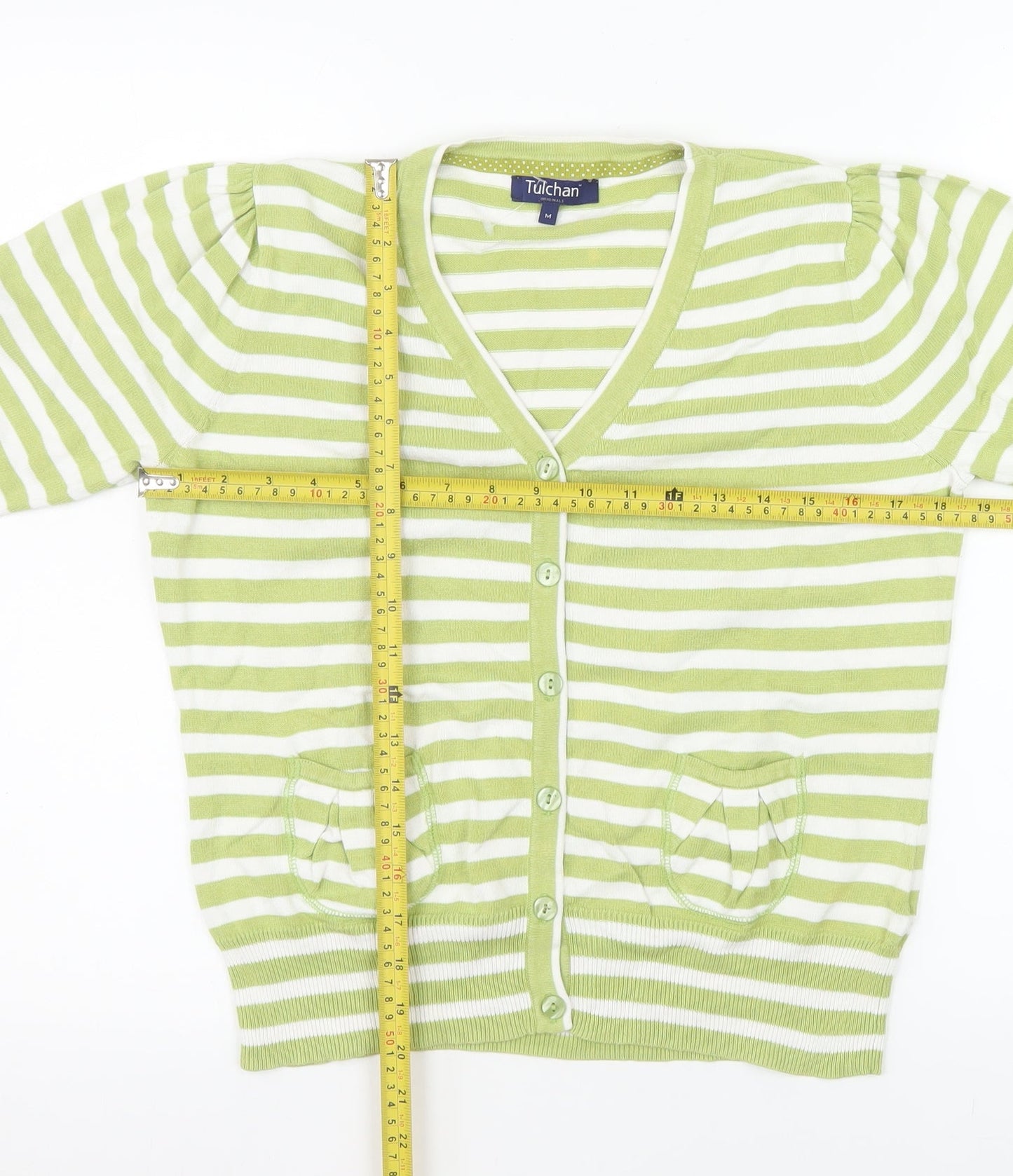 Tulchan Women’s Green White Striped Cotton V-Neck Short Sleeve Cardigan M