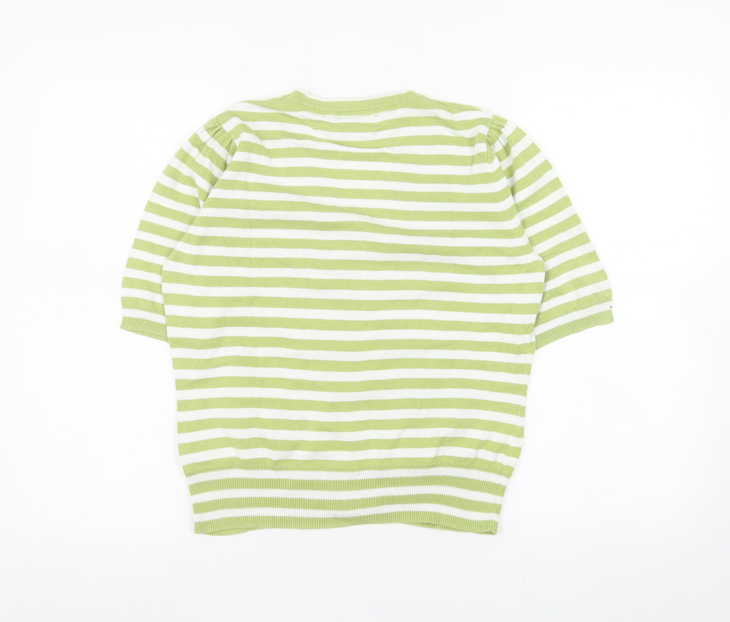 Tulchan Women’s Green White Striped Cotton V-Neck Short Sleeve Cardigan M