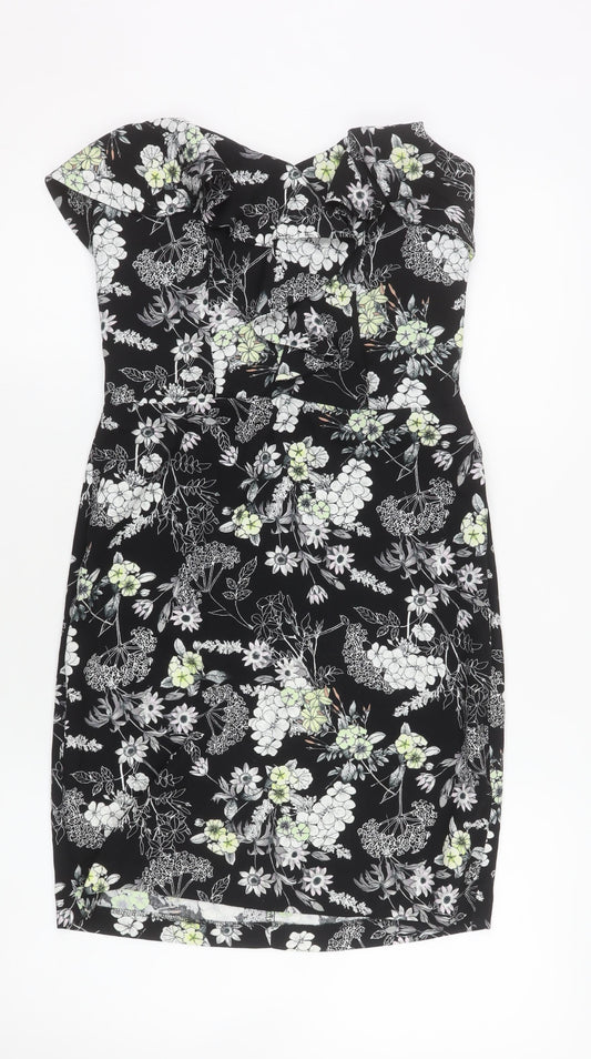 Miss Selfridge Women's Black Floral Strapless Bodycon Dress Size 10