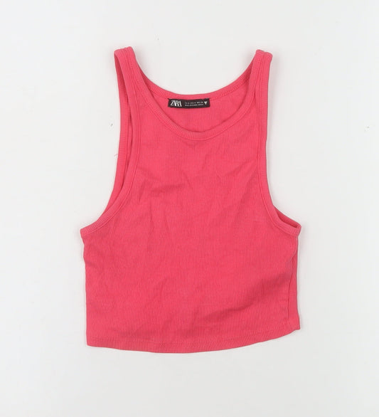 ZARA Womens Pink Cropped Tank Top S Cotton Blend Racerback