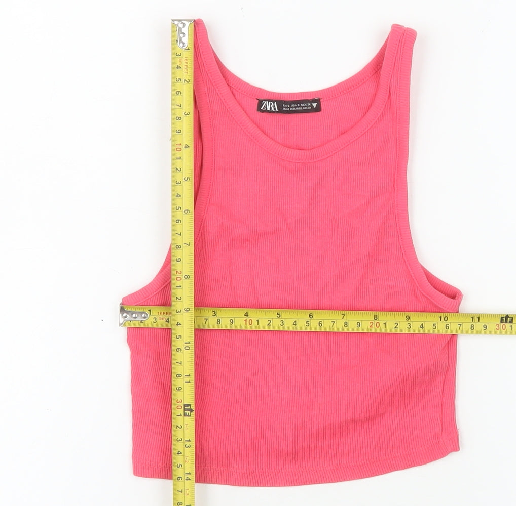 ZARA Womens Pink Cropped Tank Top S Cotton Blend Racerback
