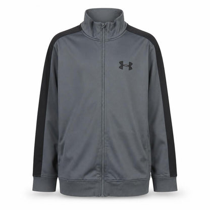 Front view of Under Armour boys’ grey full zip track jacket, size 10, years polyester