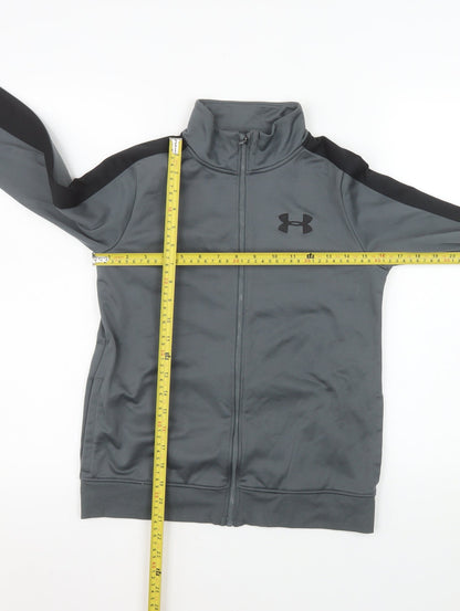 Back view of Under Armour boys’ grey full zip track jacket, size 10, years polyester