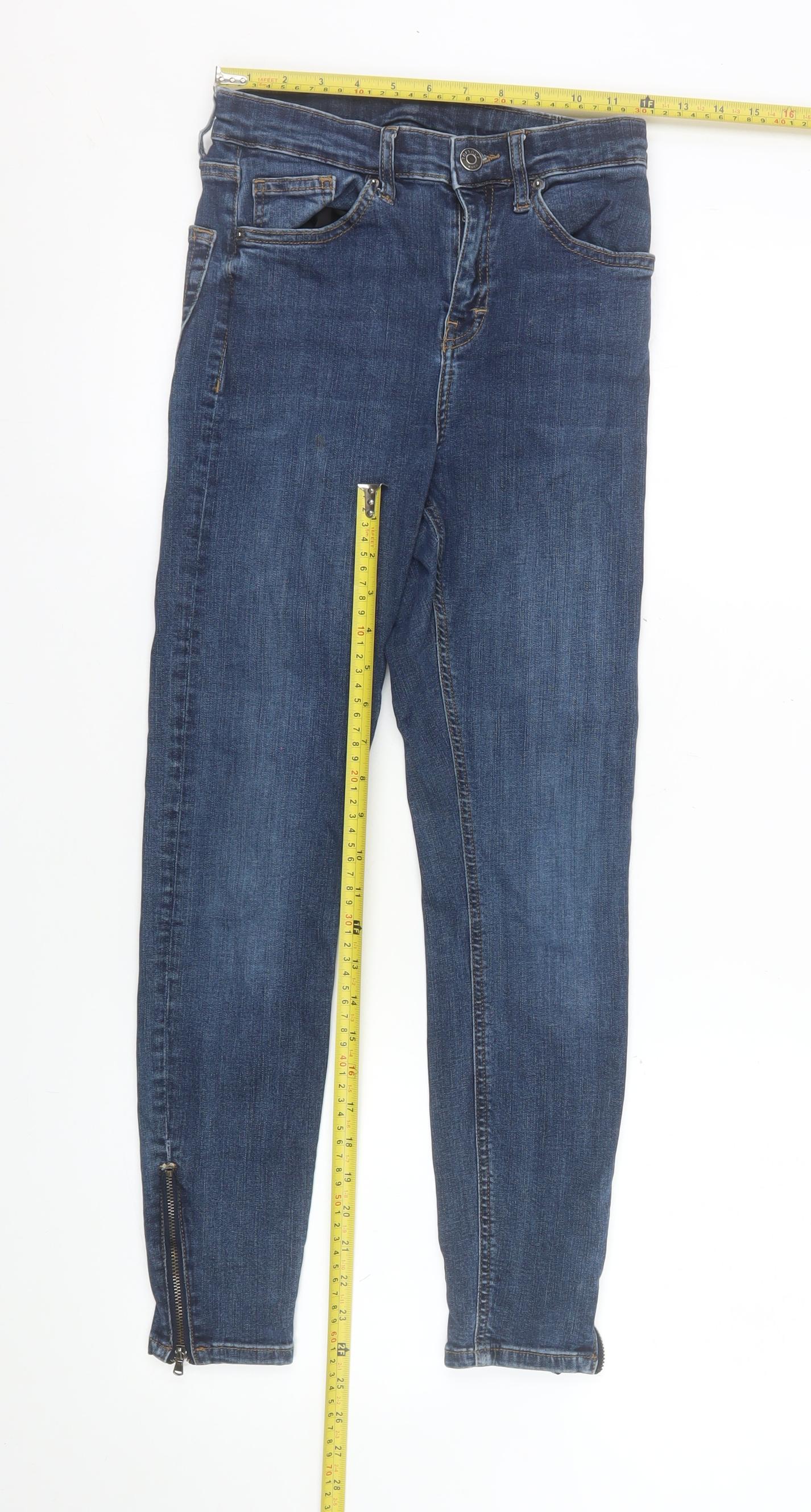 Topshop Women’s Blue Moto Skinny Jeans W28 L30 Mid Rise Ankle Zip Denim
