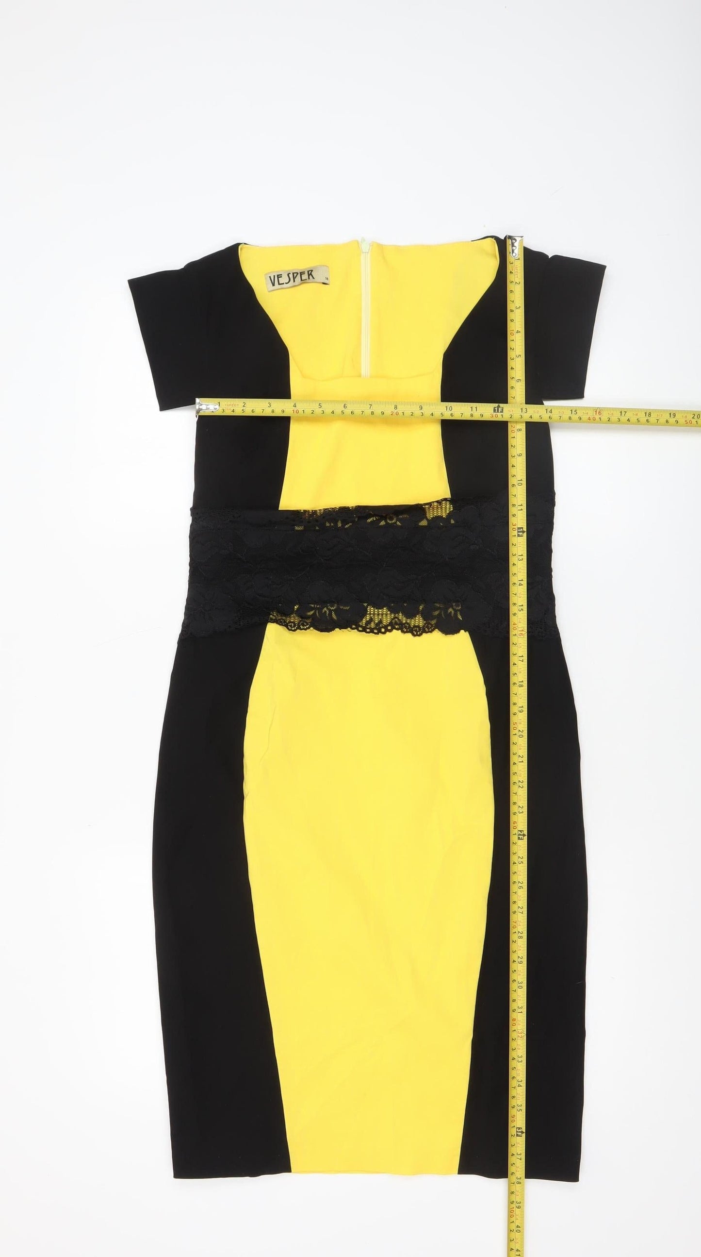 Vesper Women’s Black Yellow Lace Bodycon Knee Length Dress Size 14