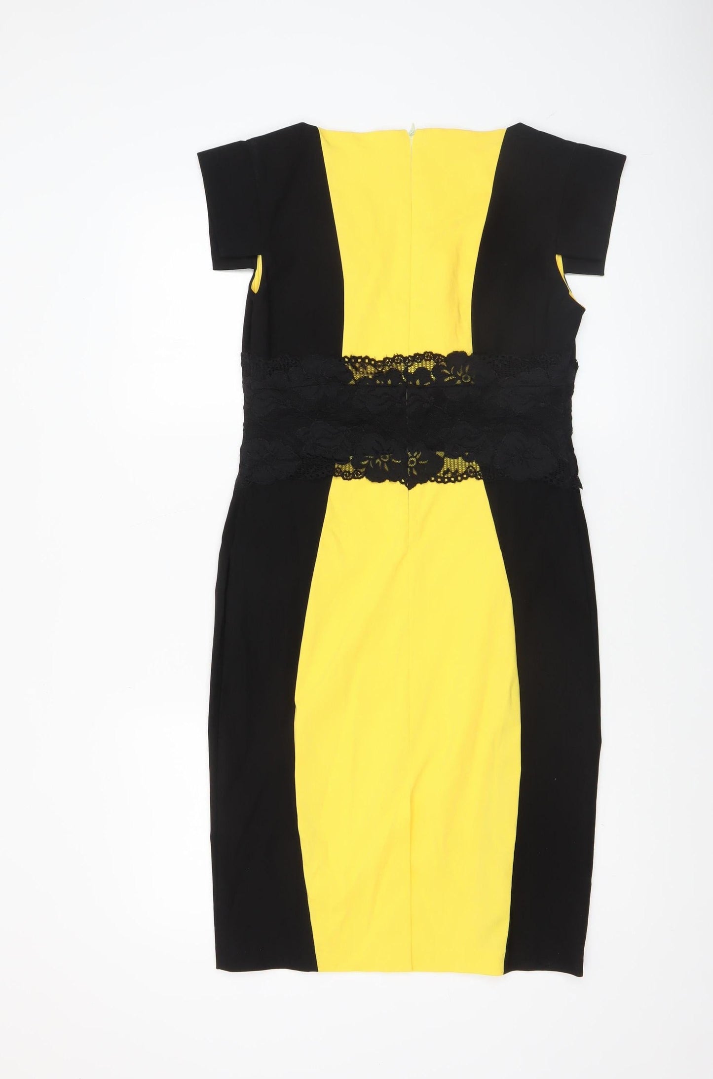 Vesper Women’s Black Yellow Lace Bodycon Knee Length Dress Size 14