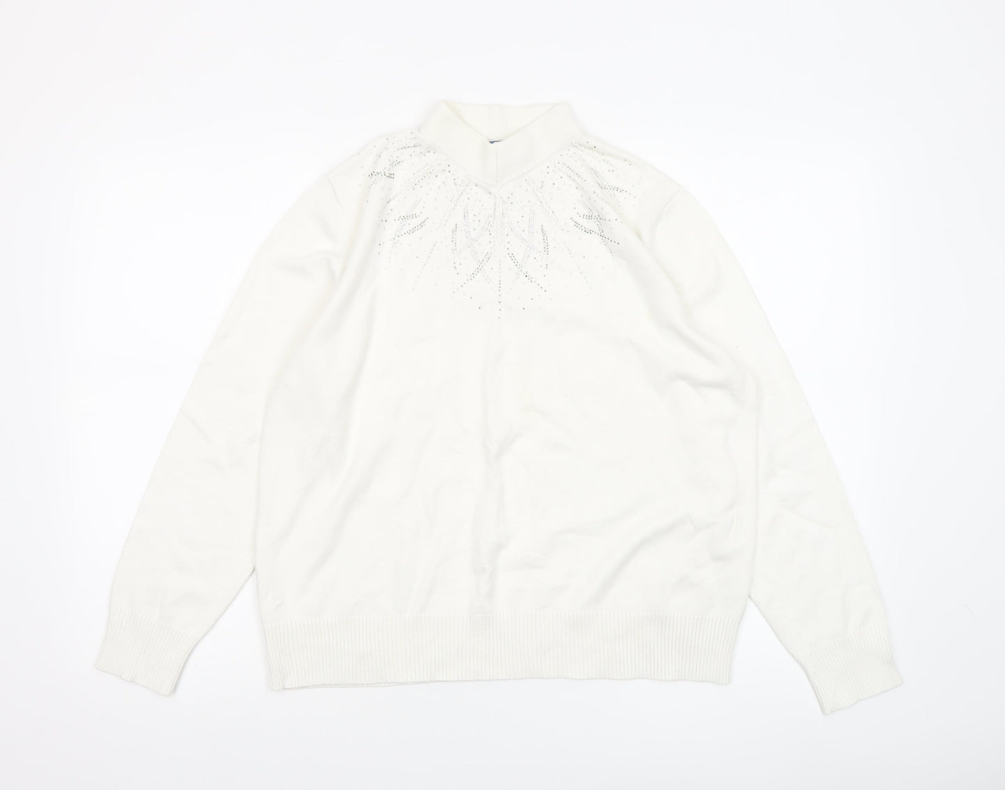 Castle of Ireland Women White Mock Neck Jumper 18/44 with Rhinestone Detail
