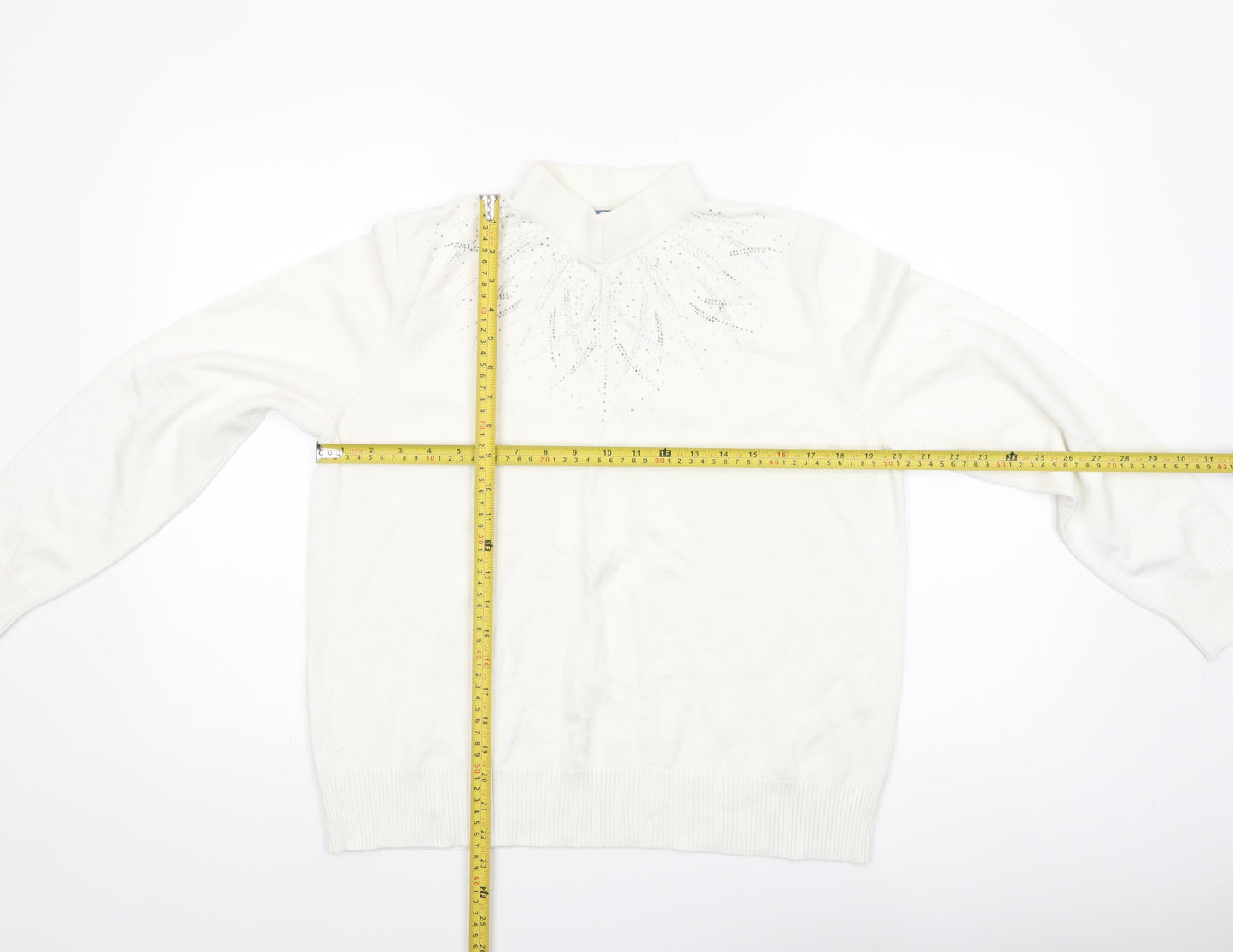 Castle of Ireland Women White Mock Neck Jumper 18/44 with Rhinestone Detail