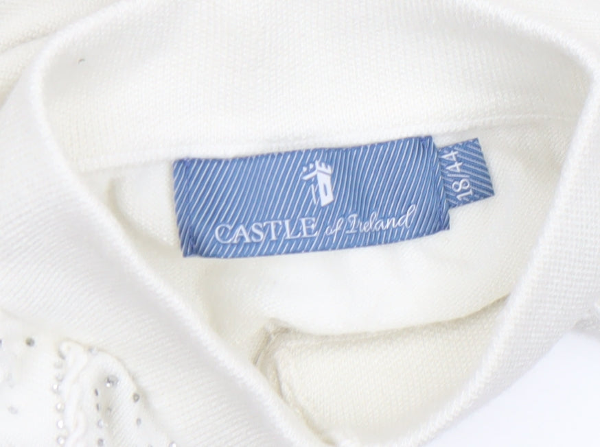 Castle of Ireland Women White Mock Neck Jumper 18/44 with Rhinestone Detail