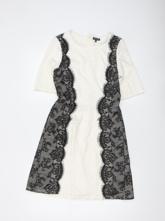 Warehouse Women’s Ivory Black Lace Sheath Dress UK 10 Knee Length