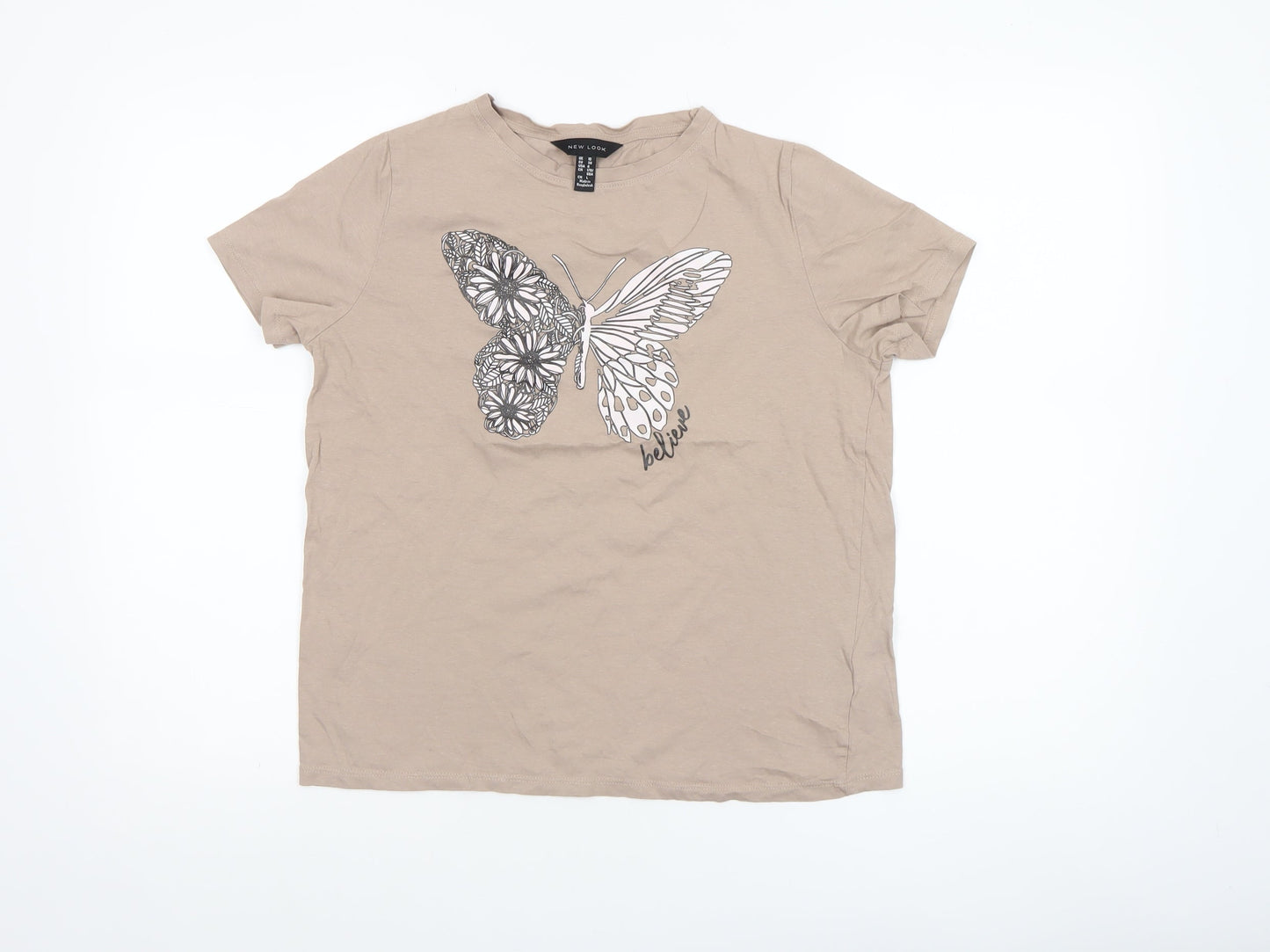 New Look Women’s Beige Butterfly Graphic Cotton T-Shirt Size 10
